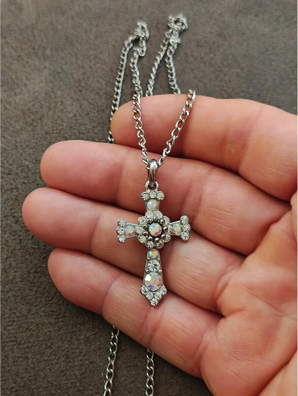 1990s Filigree With Aurora Borealis Rhinestones Silver Tone Cross Necklace